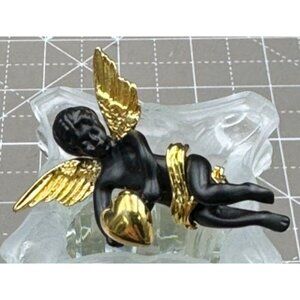Vintage Coreen Simpson Black & Gold Cherub Brooch Pin